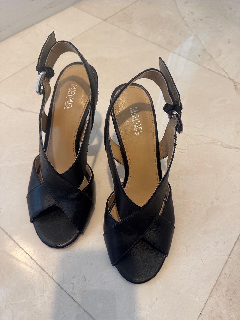 MICHAEL Michael Kors Black Leather Crisscross Slingback Heels